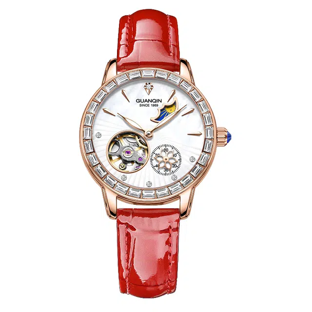 冠琴 绮梦星河系列 高颜值时尚潮流镶钻女士手表 自动机械机芯 牛皮表带 国表 女表 白色表盘 镂空飞轮夜光防水腕表