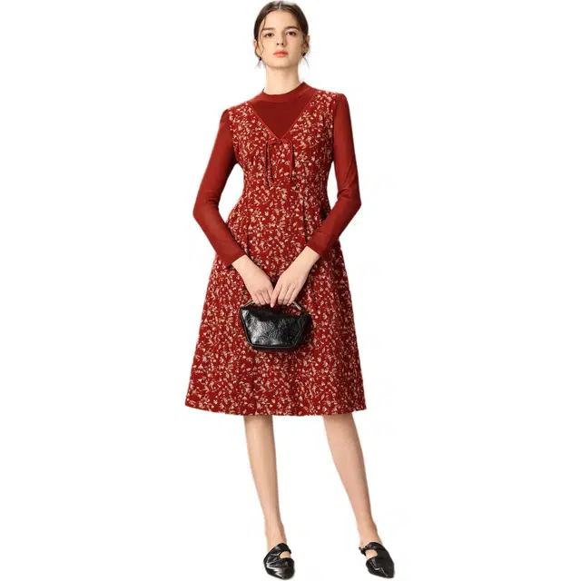 粉红玛琍 假两件拼接高腰长袖连衣裙 女款 红色