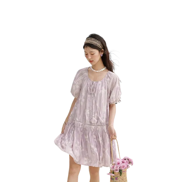 谜秀 度假田园风款印花雪纺减龄慵懒舒适可爱百搭拼接镂空花边甜美花朵绑带裙短袖连衣裙 女款 香芋紫