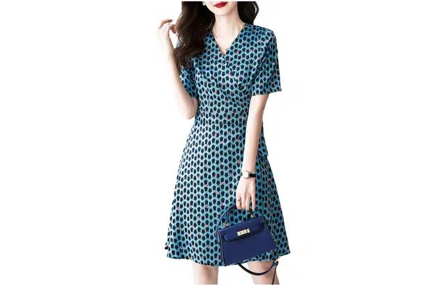 【dme】 复古满印休闲短袖连衣裙 钴蓝