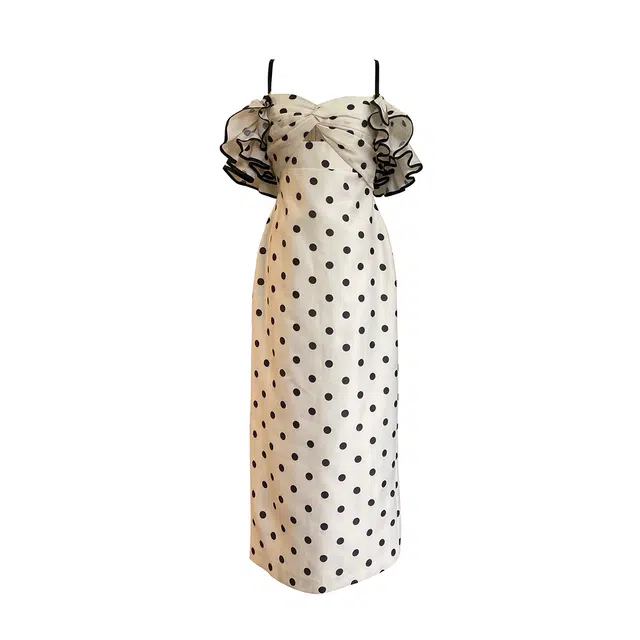 敲模女孩 法式复古风优雅波点纯欲修身公主短袖连衣裙 女款