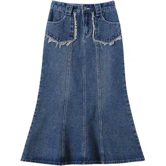 法文箱子 鱼尾毛边中长款高腰显瘦裙子牛仔长裙 女款 蓝色