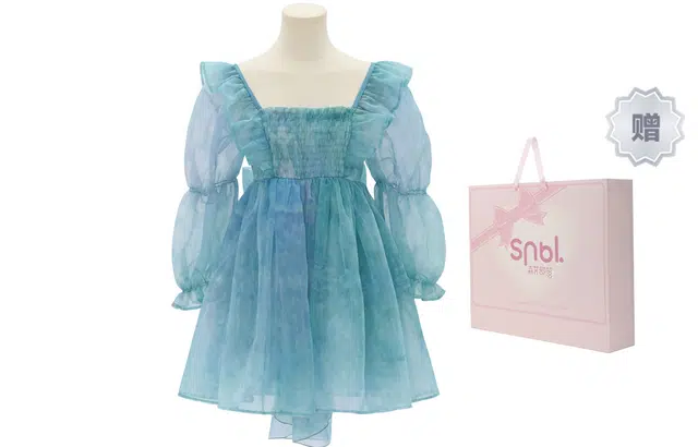 森女部落 欧若拉 原创初恋法式在逃公主长袖闺蜜装连衣裙 蓝色