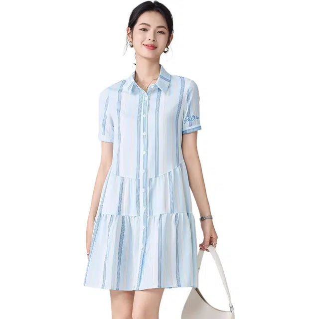 爱依莲 时尚舒适百搭短袖连衣裙 女款 蓝色