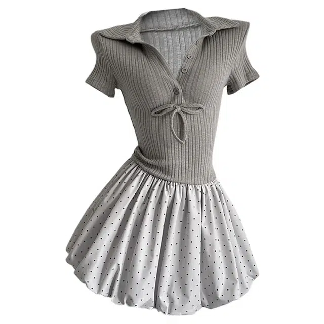 玉儿恋 韩系纯欲芭蕾风针织拼接独特别致波点修身裙子时尚短袖连衣裙 女款