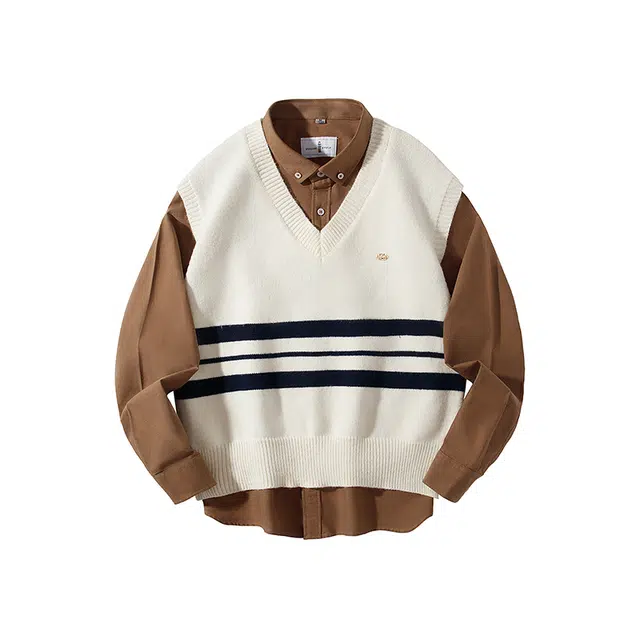 红蜻蜓 学院风撞色条纹无袖马甲背心搭配纯色衬衣衬衫套装 男女同款