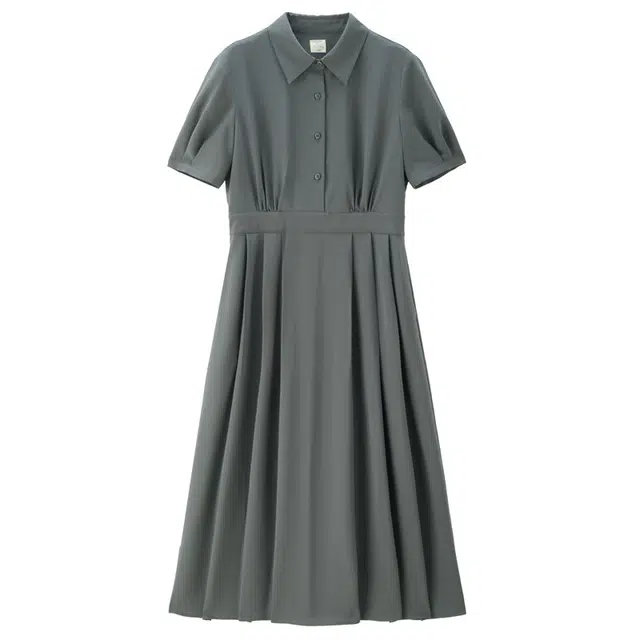 佐丹奴 压褶收腰翻领泡泡袖梭织短袖连衣裙 女款