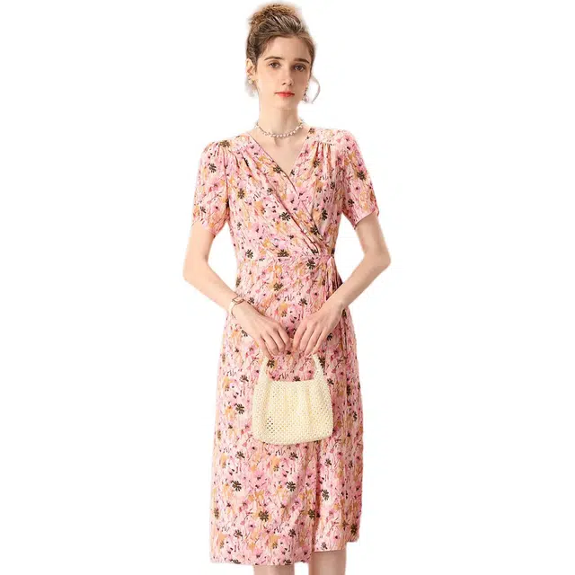 粉红玛琍 时尚减龄舒适短袖连衣裙 女款 粉色