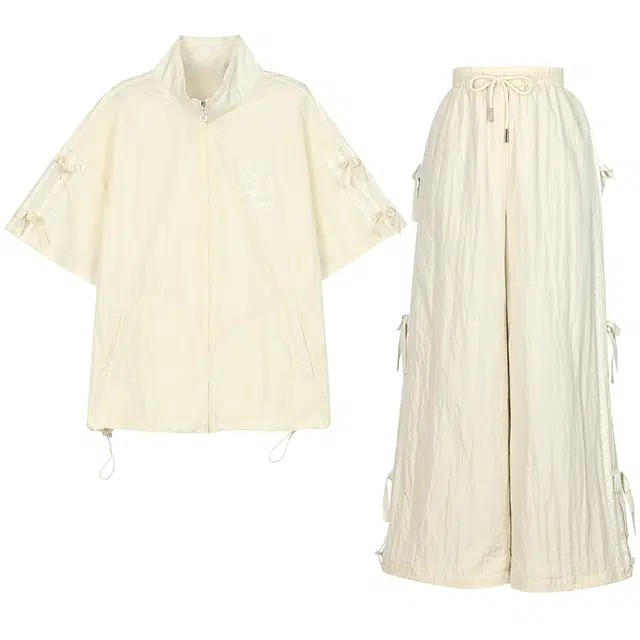 森女部落 泡芙小汪 原创甜妹少女风元气奶黄色薄款外套蕾丝花边裤子休闲风套装