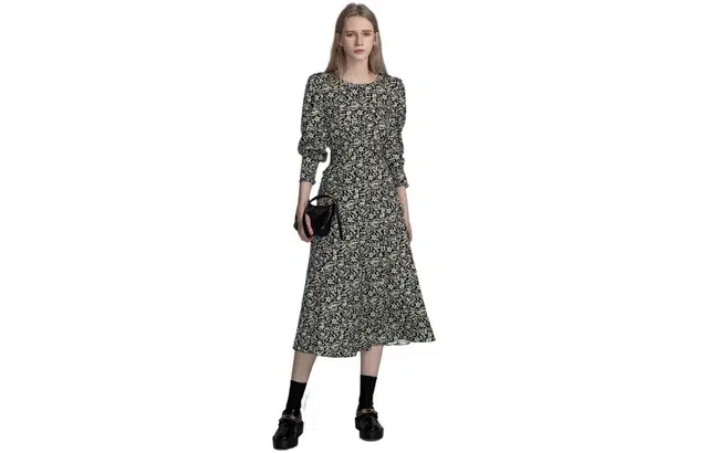 【dme】 碎花满印休闲长袖连衣裙 黑色