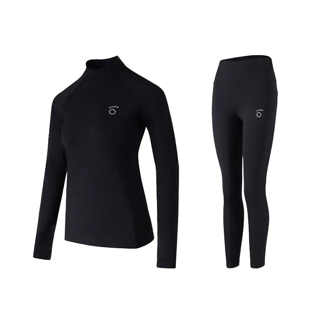 马孔多 跑步半高领加绒吸湿排汗纯色长袖紧身保暖松紧腰长裤休闲套装 女款 黑色