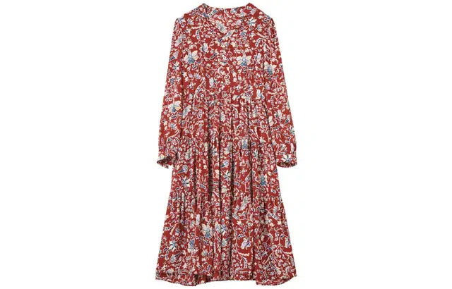 【dme】 花卉满印收腰显瘦长袖连衣裙 酱红色