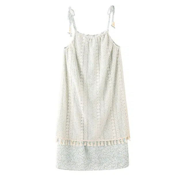 花栗鼠小姐 法式复古流苏拼接甜美气质风小众设计感显瘦吊带连衣裙 女款 蕾丝蓝