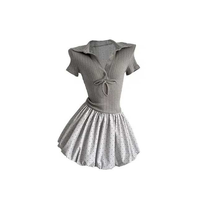 敲模女孩 纯欲拼接假两件百搭波点时尚修身短袖连衣裙 女款