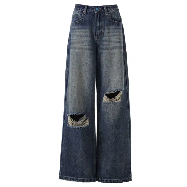 淑好百 破洞阔腿裤高腰复古宽松牛仔裤 女款 蓝色