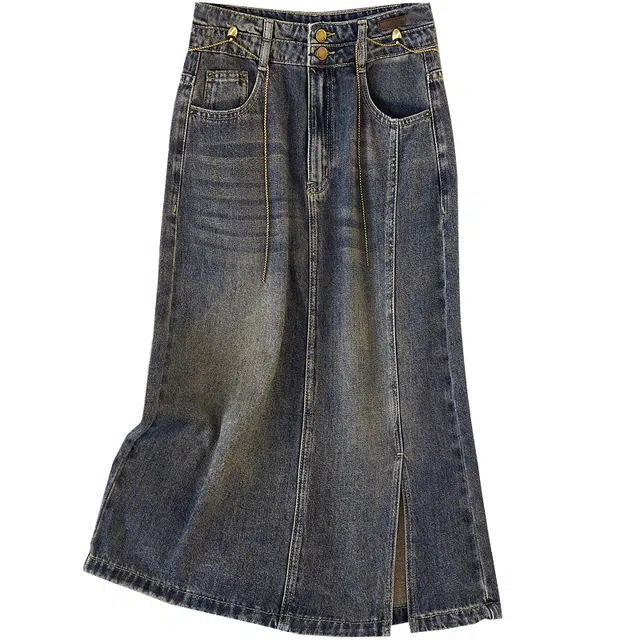 她池 高腰美式链条装饰水洗中长款半身裙牛仔长裙 女款 复古深蓝