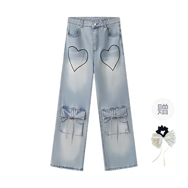 涂诗菲 辣妹复古爱心刺绣蝴蝶结绑带设计高腰宽松直筒牛仔裤 女款 蓝色（发圈买赠）