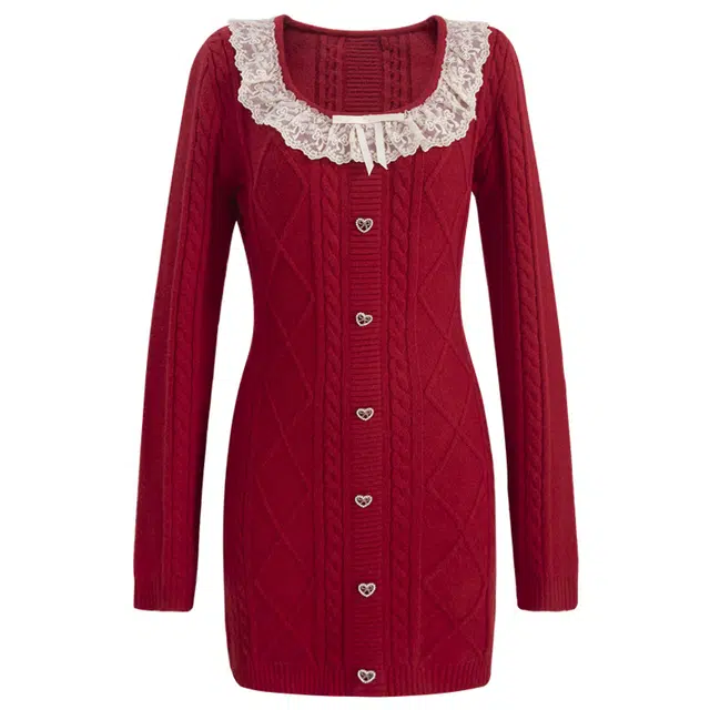 UNIFREE Lace Bow Knit Dress Beige