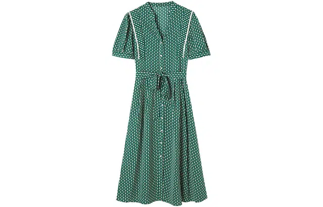 【dme】单排扣蝴蝶结满印短袖连衣裙 墨绿