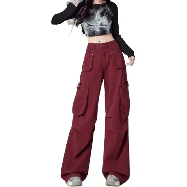 欧迪芬 美式复古街头立体多口袋设计工装垂感拖地裤时尚百搭牛仔裤 女款