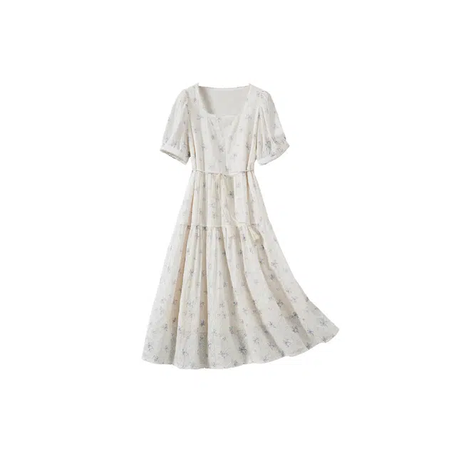 富铤 法式碎花刺绣方领宽松中长款短袖连衣裙 女款 浅紫