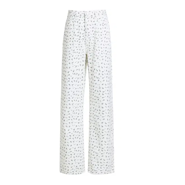 淑好百 春夏韩系减龄碎花阔腿裤女高腰宽松小众印花直筒百搭牛仔裤 女款 白色