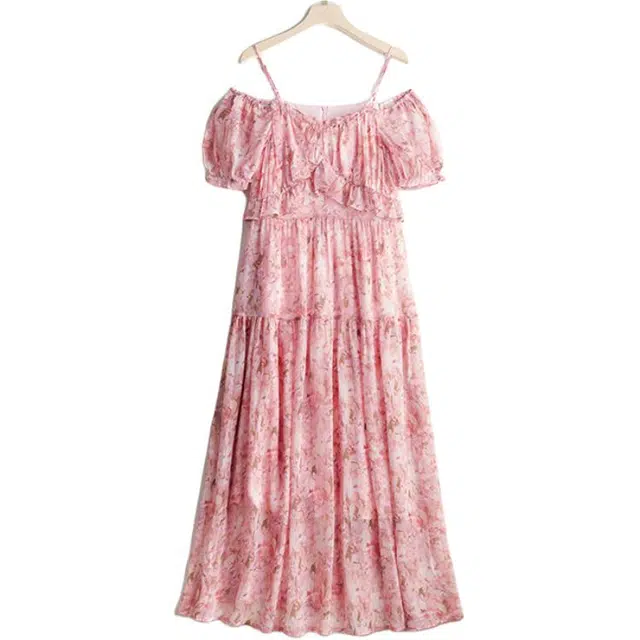 曲韩 一字肩吊带两穿碎花雪纺长裙子气质绝美度假风夏季短袖连衣裙 女款