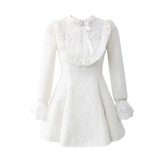 涂诗菲 小香风拼接重工针织蕾丝蝴蝶结收腰短裙长袖连衣裙 女款 白色