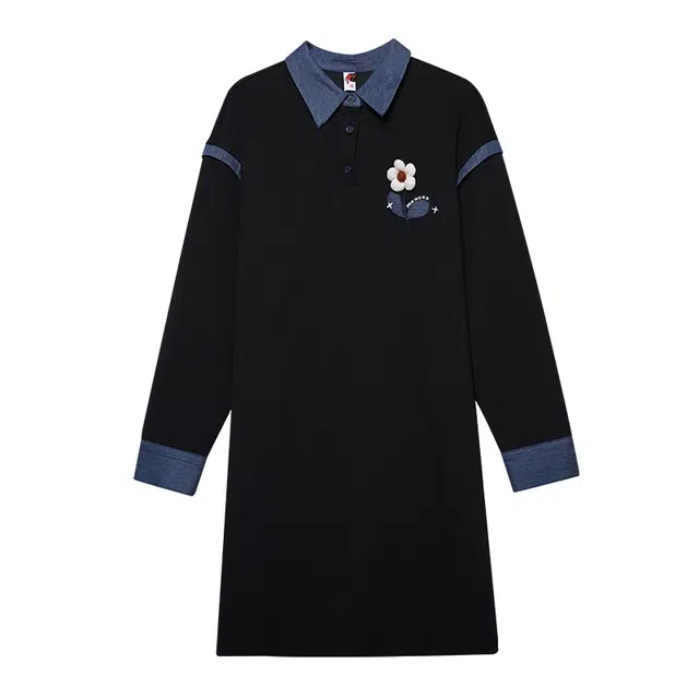 木果果木 翻领舒适通勤长袖连衣裙 女款 黑色