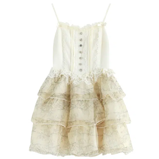 九条喵 植物花卉图案短款休闲吊带连衣裙 女款 乳白色