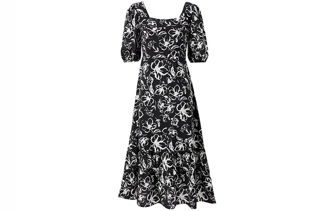 太平鸟 法式方领印花连衣裙泡泡袖垂感飘逸气质优雅长裙