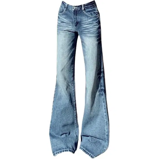 哒头下雨不愁 美式复古做旧微喇裤女设计感休闲低腰拖地裤马蹄裤牛仔裤 女款 蓝色