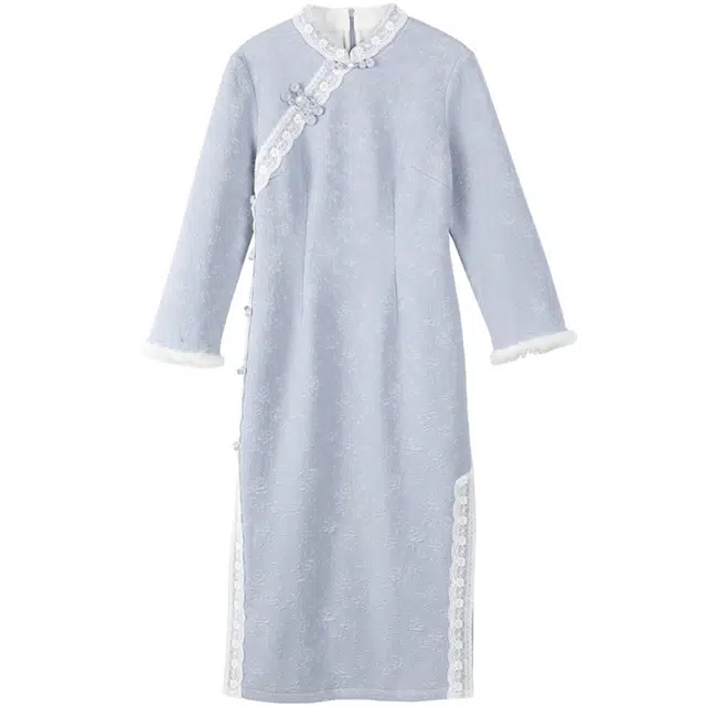 她池 新中式立领加绒提花蕾丝百搭休闲长袖连衣裙 女款 蓝色