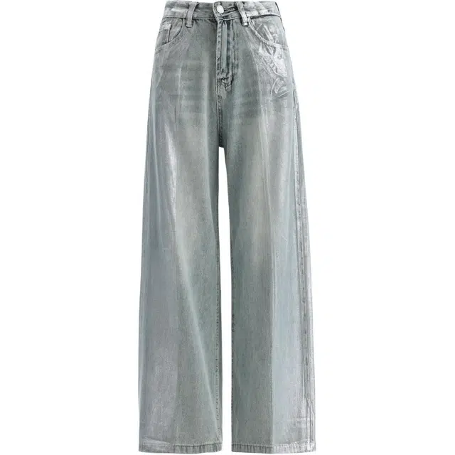 玫丝朵 经典美式复古烫银水洗做旧宽松百搭阔腿高腰牛仔裤 女款