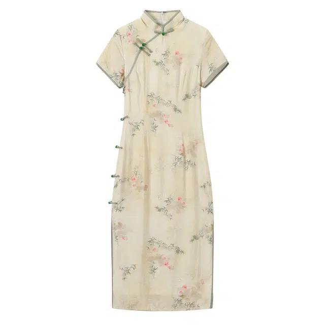 曲韩 新中式立领中长款短袖连衣裙 女款 花色