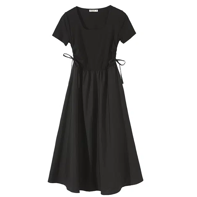 美特斯邦威 修身时尚气质侧抽绳方领舒适短袖连衣裙 女款