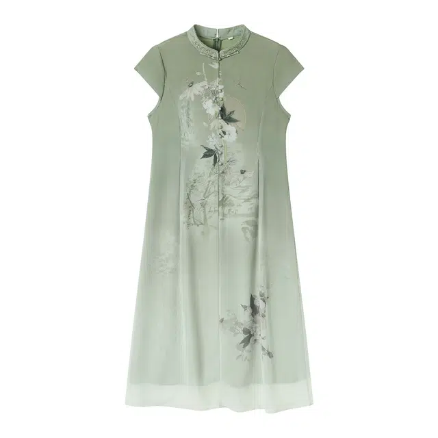 曲韩 舒适简约新中式短袖连衣裙 女款 绿色