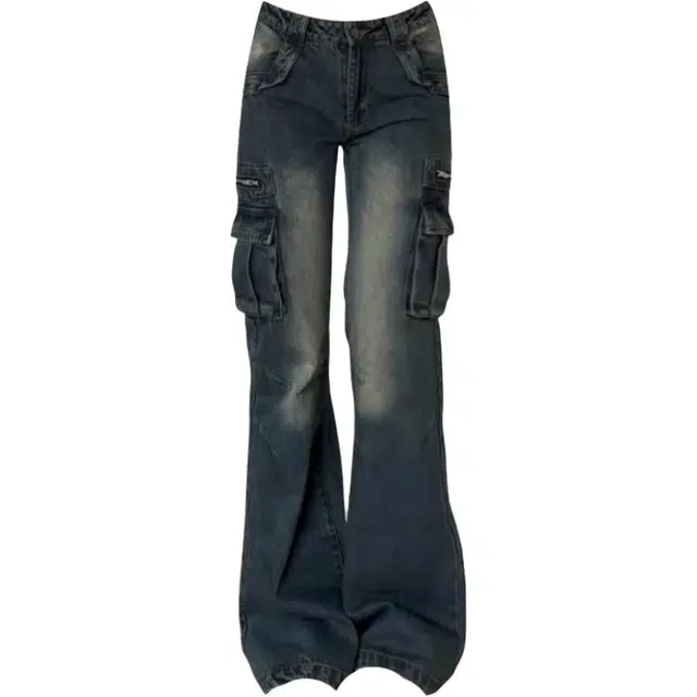 哒头下雨不愁 美式低腰多口袋微喇叭牛仔裤 女款 复古蓝