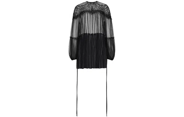 美洋 蕾丝网纱长袖连衣裙 黑色