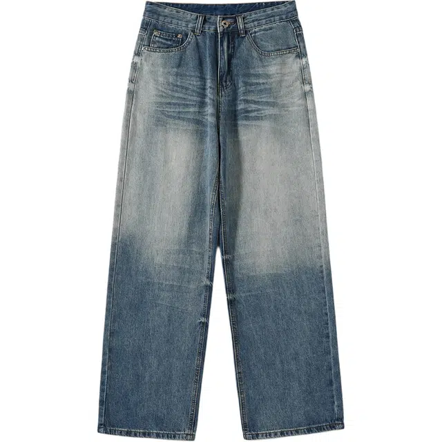 玫丝朵 美式复古渐变水洗泛白直筒阔腿潮款牛仔裤 女款