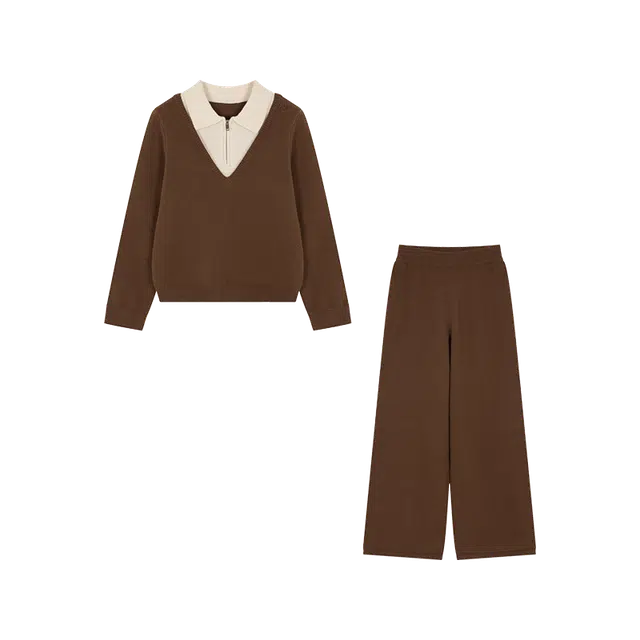 沫晗依美 舒适长袖上衣纯色简约高腰长裤休闲套装 女款 咖拼米