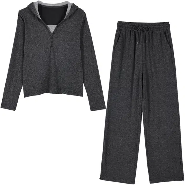 她池 假两件连帽针织衫纯色简约裤长休闲套装 女款 深灰色