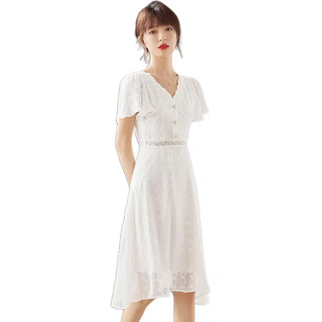爱依莲 时尚舒适百搭短袖连衣裙 女款 白色