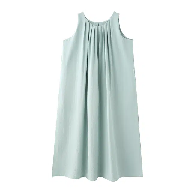 花栗鼠小姐 茶歇法式小众设计感圆领带扣压褶带口袋宽松显瘦百搭棉麻露背无袖连衣裙 女款 蓝绿色