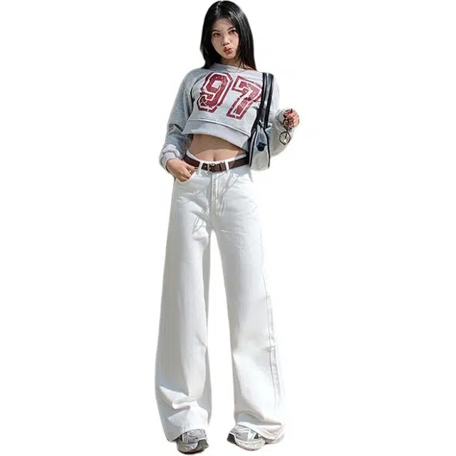 玫丝朵 美式复古纯色简约设计宽松百搭直筒阔腿牛仔裤 女款