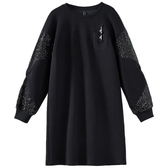 欧昵雪 圆领宽松落肩袖长袖连衣裙 女款 黑色