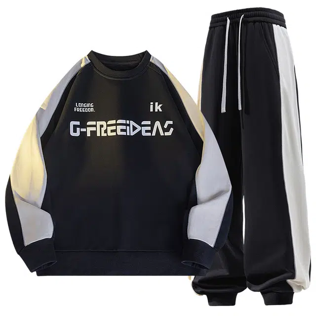 曲韩 舒适百搭上衣宽松直筒休闲长裤卫衣套装 男女同款