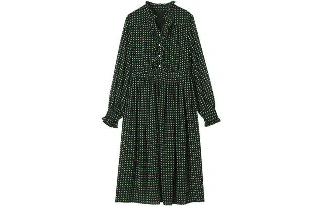 【dme】 波点雪纺收腰长袖连衣裙 绿色