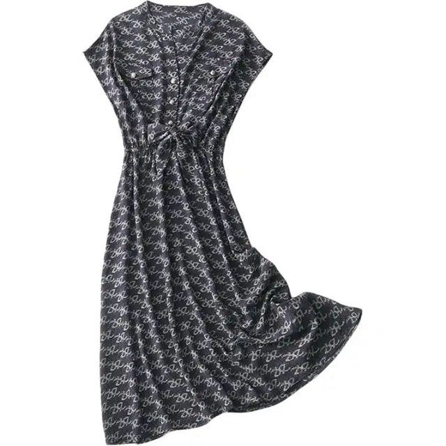 曲韩 法式印花收腰显瘦雪纺中长裙子气质优雅通勤夏季短袖连衣裙 女款 牛仔蓝