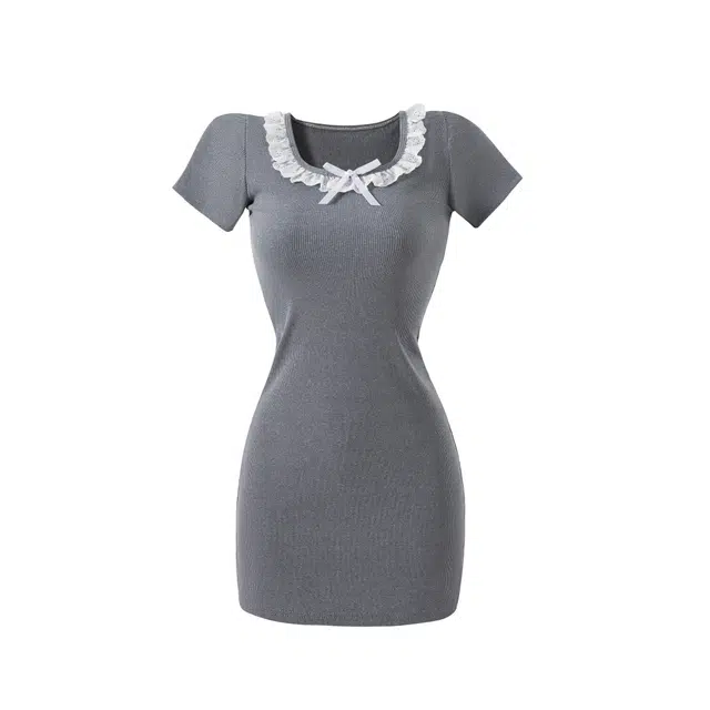 花山家的猫 纯欲蕾丝边修身包臀圆领短款短袖连衣裙 女款 灰色